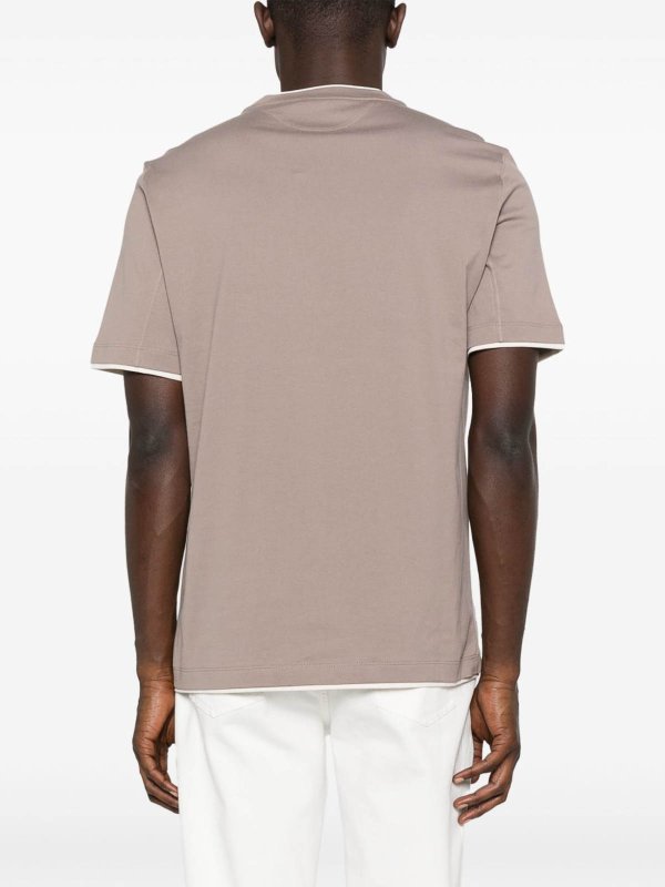 Beige Cotton T-Shirt With Contrast Trims shop online: BRUNELLO CUCINELLI