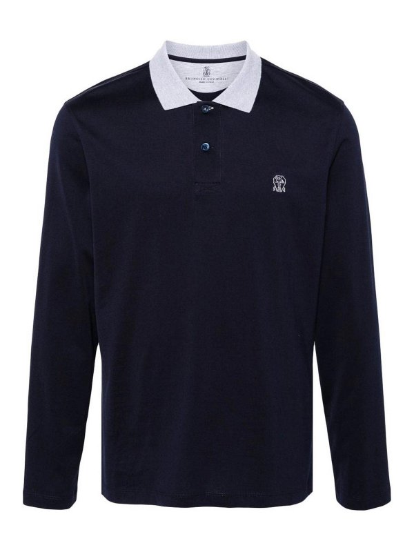 BRUNELLO CUCINELLI: polo shirts - Embroidery Logo Long Sleeve Polo Shirt Navy