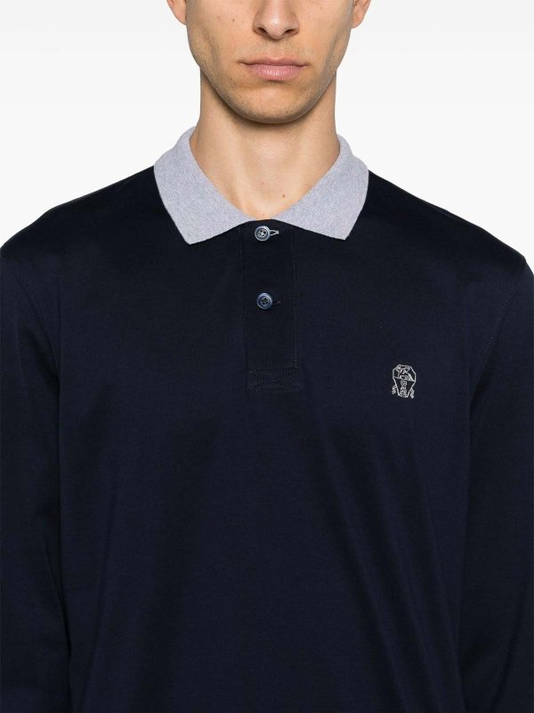 Embroidery Logo Long Sleeve Polo Shirt Navy shop online: BRUNELLO CUCINELLI