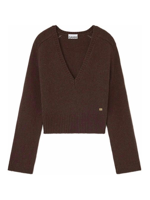 GANNI: v necks - Brown Wool V-Neck Sweater