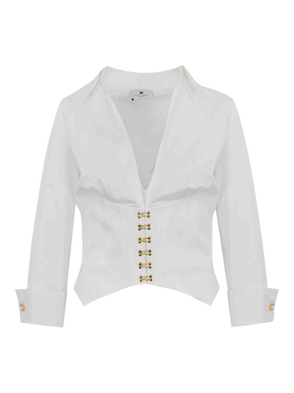 ELISABETTA FRANCHI: shirts - Stretch Cotton Shirt With Jewel Logo Hooks