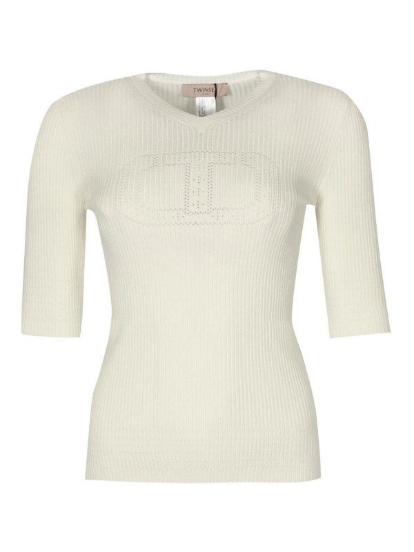 TWINSET: maglia collo rotondo - Maglione a costola con logo ovale