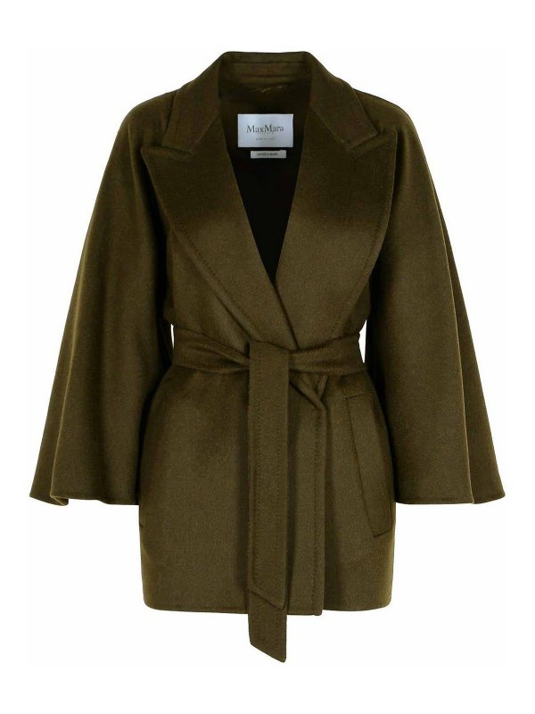 Max Mara: short coats - Verna Camel Coat With Moss Green Belt