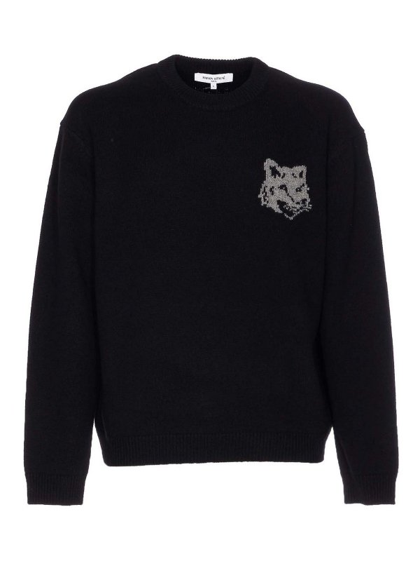 MAISON KITSUNÉ: crew necks - Black Fox Head Intarsia Sweater