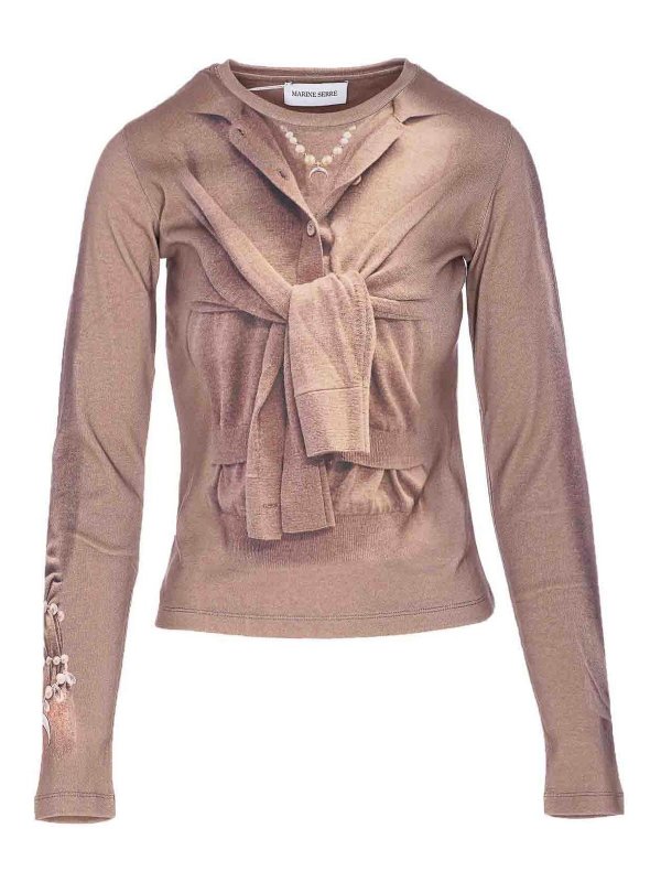 MARINE SERRE: maglia collo rotondo - Top beige a maniche lunghe