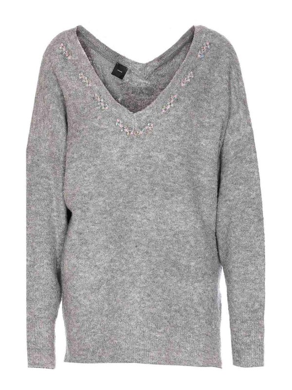 Pinko: crew necks - Wool Blend Sweater With Jewel Embroidery
