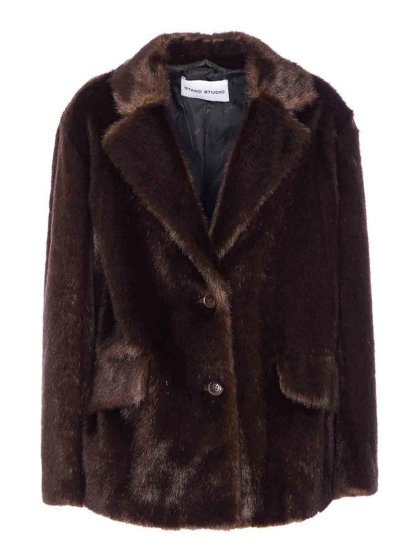 STAND STUDIO: Fur & Shearling Coats - Brown Evyn Faux Fur Jacket