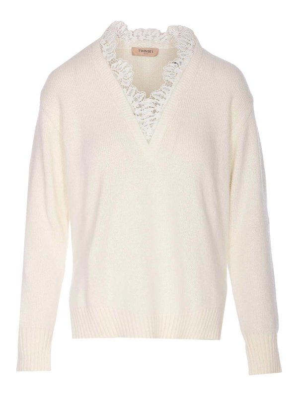 TWINSET: crew necks - Angora Blend Sweater With Lace