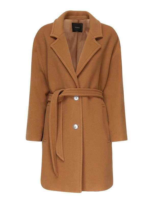 Pinko: knee length coats - Single-Breasted Wool Blend Coat