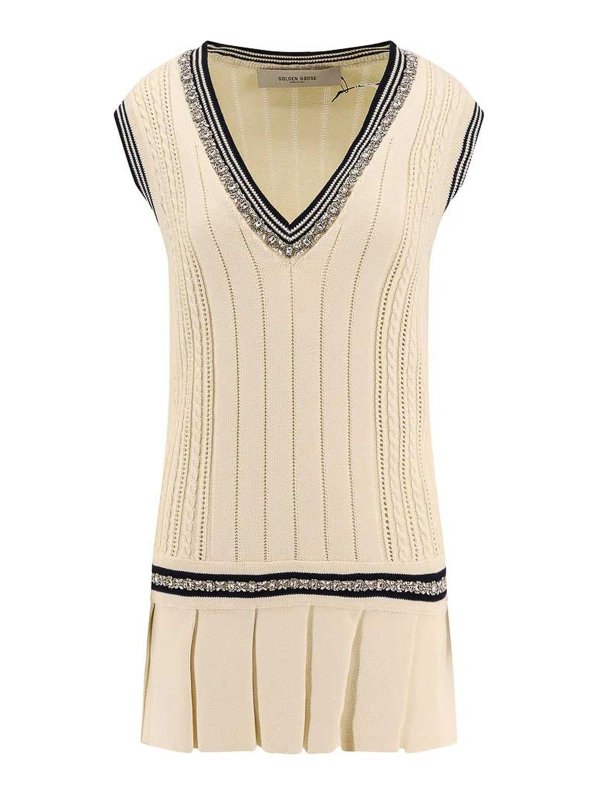 GOLDEN GOOSE: knee length dresses - Organic Cotton Dress With Crystal Decoration