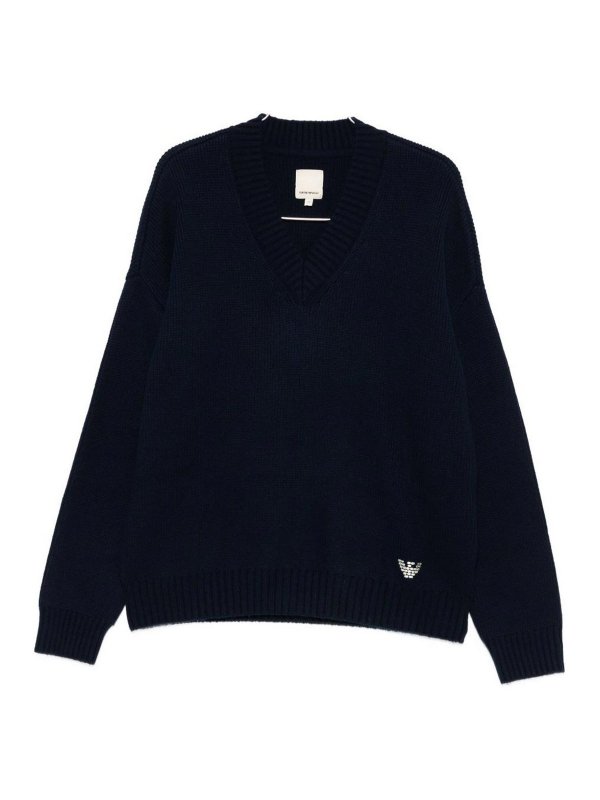 EMPORIO ARMANI: Strickpullover mit V-Ausschnitt - V-Pullover - Blau