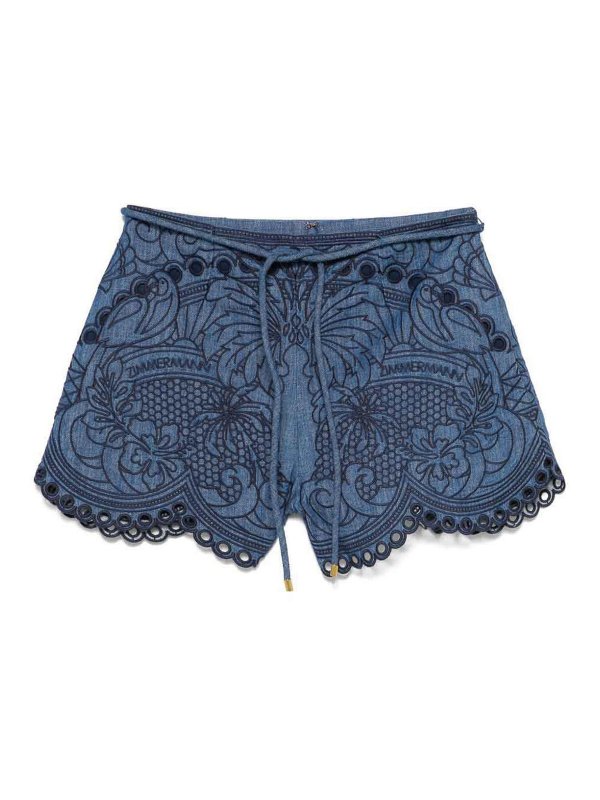 ZIMMERMANN: pantaloni shorts - Shorts in denim con ricamo Coco