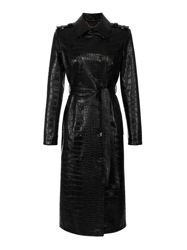 ELISABETTA FRANCHI: trench coats - Double-Breasted Crocodile-Effect Trench Coat