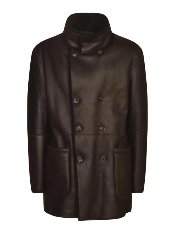 GIORGIO ARMANI: Manteaux en cuir online - Manteau En Cuir - Marron Foncé