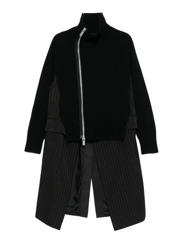 Sacai: knee length dresses - Stripe Doeskin X Wool Knit Coat Dress