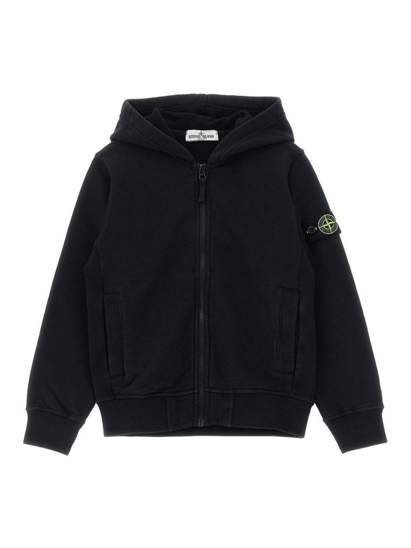 STONE ISLAND: Felpe e maglie - Felpa con cappuccio con zip in cotone nero