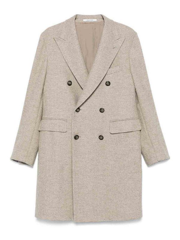 TAGLIATORE: knee length coats - Taupe Double-Breasted Wool Coat