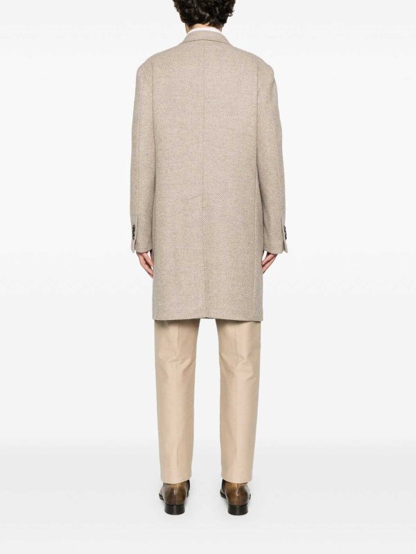 TAGLIATORE: knee length coats online - Taupe Double-Breasted Wool Coat