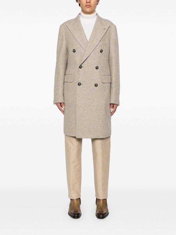 Taupe Double-Breasted Wool Coat shop online: TAGLIATORE