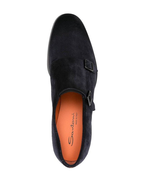 SANTONI: flat shoes online - Blue Suede Loafers With Buckles