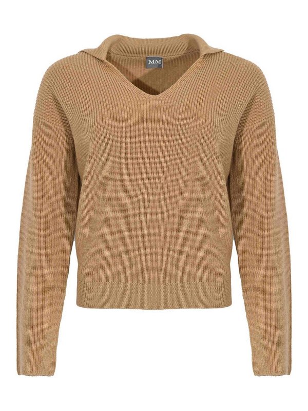 Max Mara: Suéteres con cuello pico - Suéter Cuello Redondo - Camel