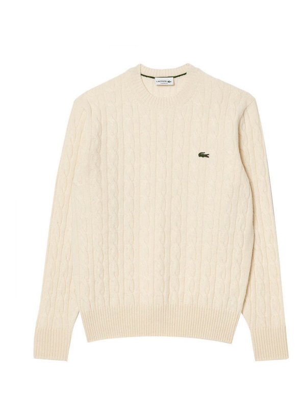 LACOSTE: crew necks - Cable-Knit Crew Neck In Carded Wool