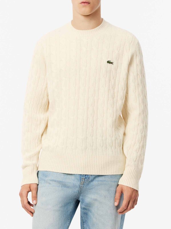 LACOSTE: crew necks online - Cable-Knit Crew Neck In Carded Wool