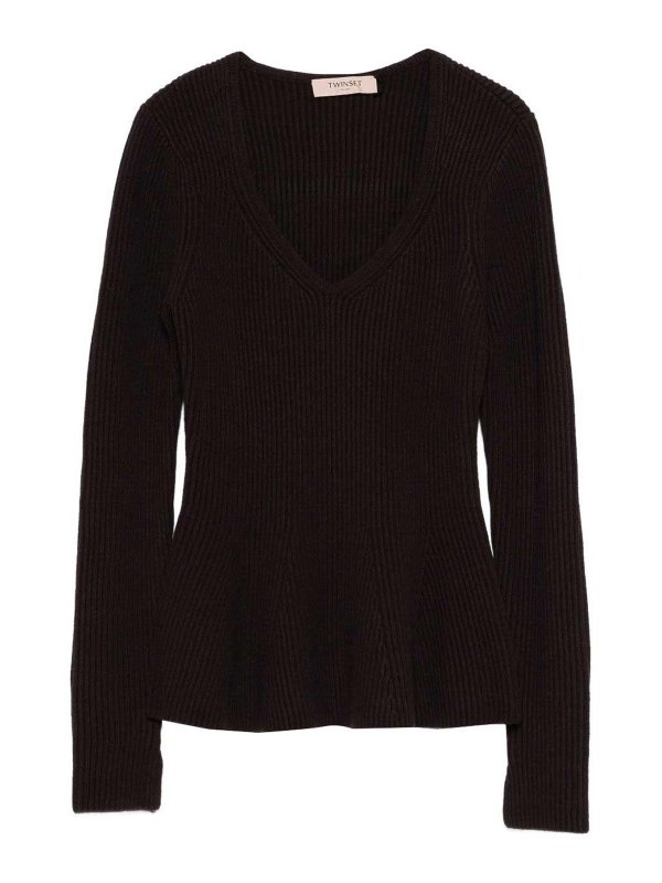TWINSET: Col en V - Pull À Col V - Marron