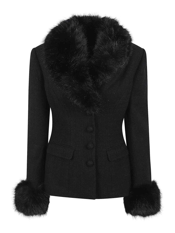 Self Portrait: Pellicce e montoni - Giacca in pelliccia bouclÃ© nera sartoriale