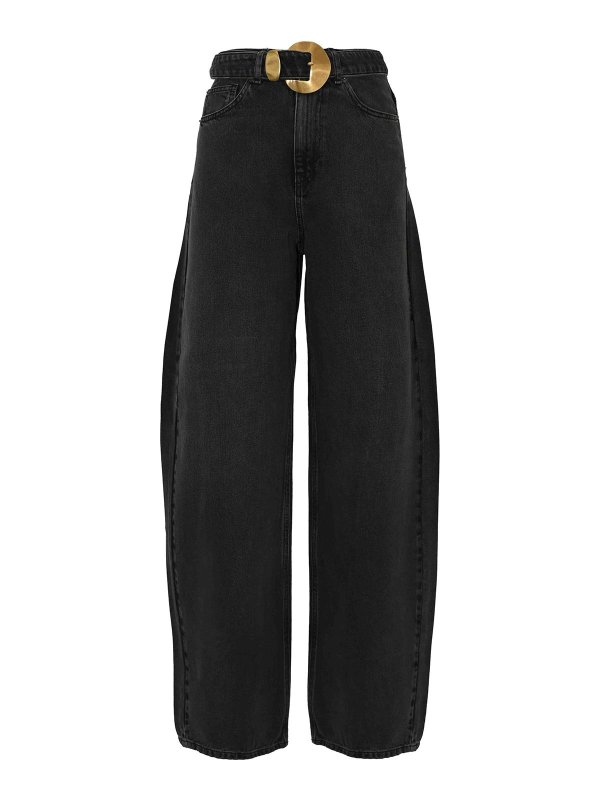 TWINSET: jeans dritti, a sigaretta - Jeans In Denim Nero Con Cintura E Maxi Fibbia