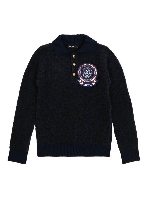 Balmain: Strickpullover mit Rundhalsausschnitt - Rundhalspullover - Blau