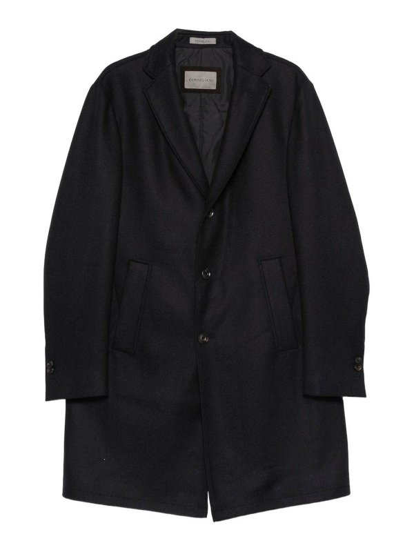 CORNELIANI: knee length coats - Navy Blue Single-Breasted Coat