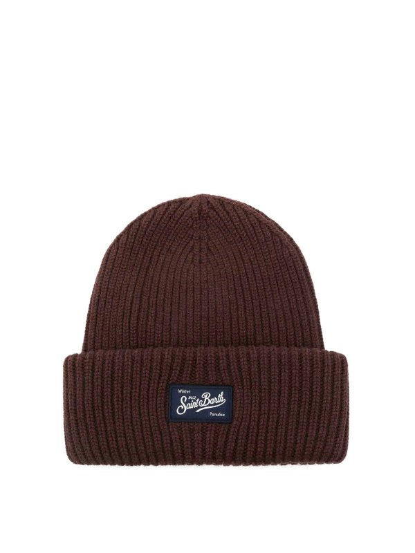 MC2 SAINT BARTH: beanies - Brown Ribbed Wool Beanie With Logo