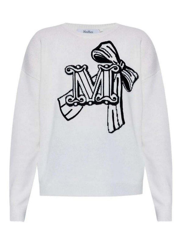 Max Mara: Strickpullover mit Rundhalsausschnitt - Rundhalspullover - Weiß