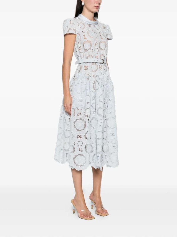 Self Portrait: knee length dresses online - Blue Floral Lace  Midi Dress