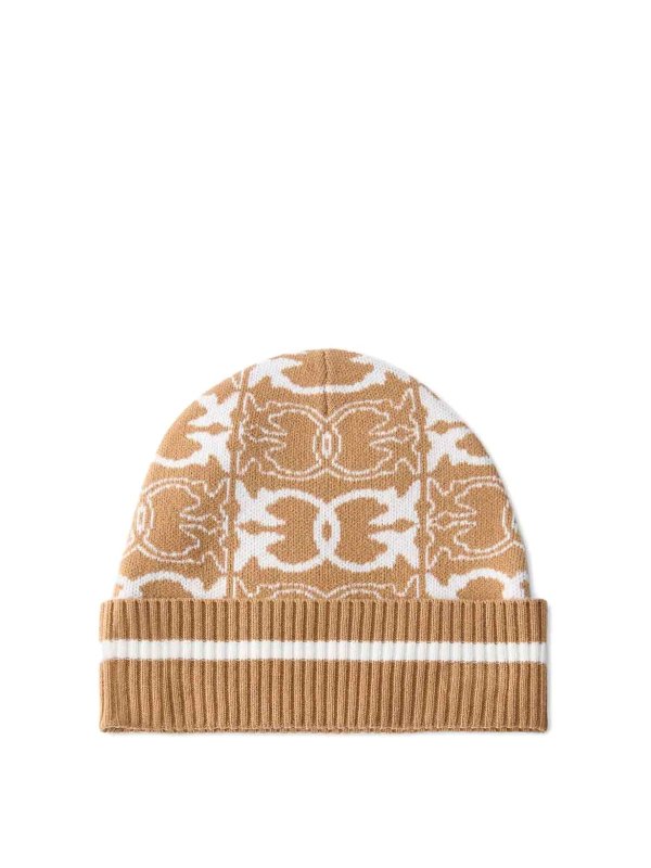 Pinko: hats & caps - Bulgaria Beanie Jacquard Logo Cammello