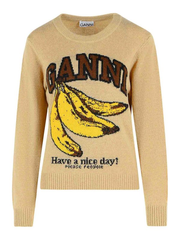 GANNI: crew necks - Beige Wool Blend Sweater