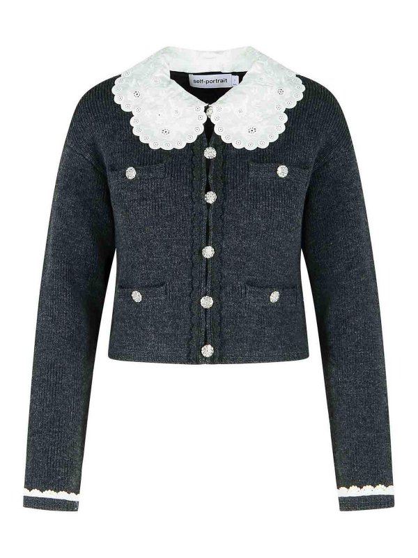 Self Portrait: cardigans - Dark Grey Wool Blend Crop Cardigan