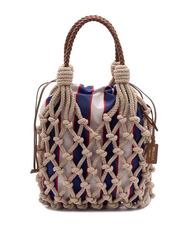 PRADA: totes bags - `` Nou` Cotton And Leather Handbag