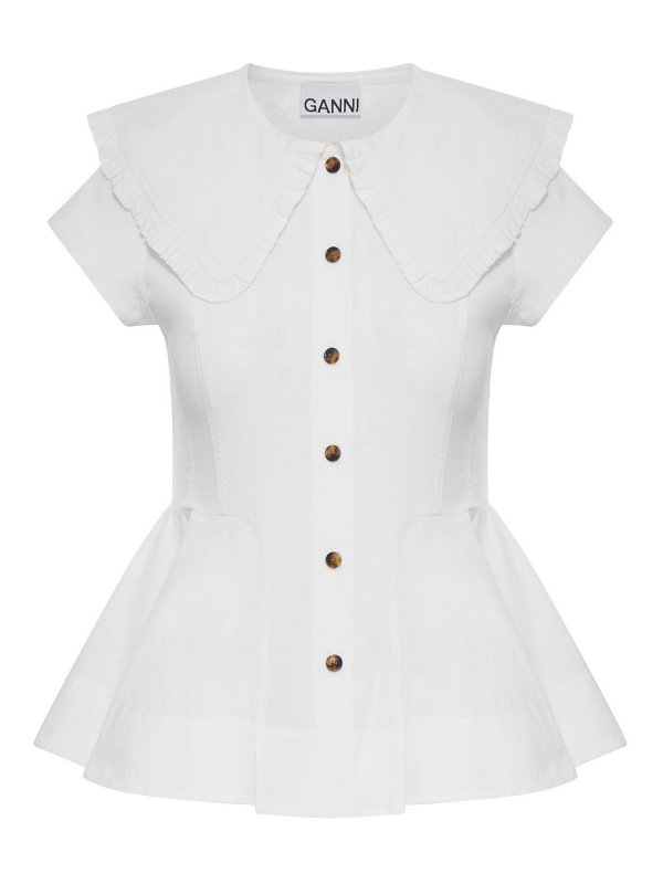GANNI: shirts - Short Cotton Shirt With Ruffles