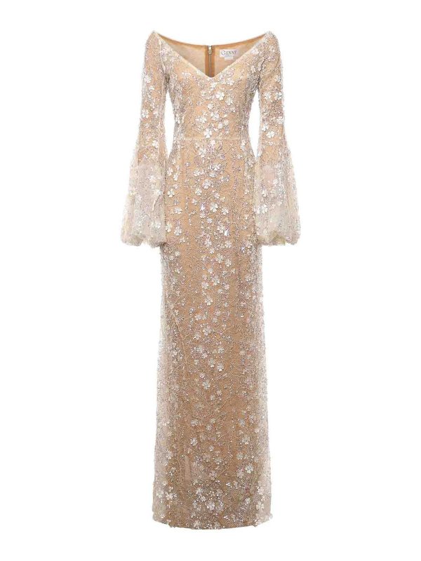 GENNY: maxi dresses - Long Lace Dress With 3D Flowers