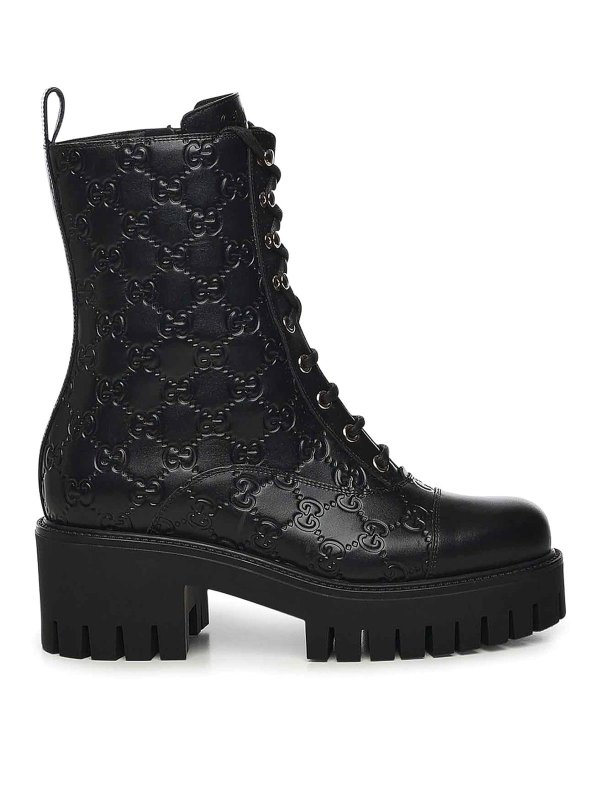 GUCCI: boots - Gg Leather Lace-Up Ankle Boot