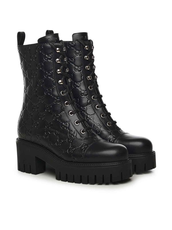 GUCCI: boots online - Gg Leather Lace-Up Ankle Boot