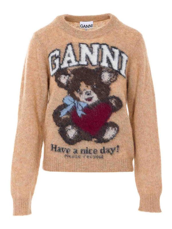 GANNI: Strickpullover mit Rundhalsausschnitt - Rundhalspullover - Beige