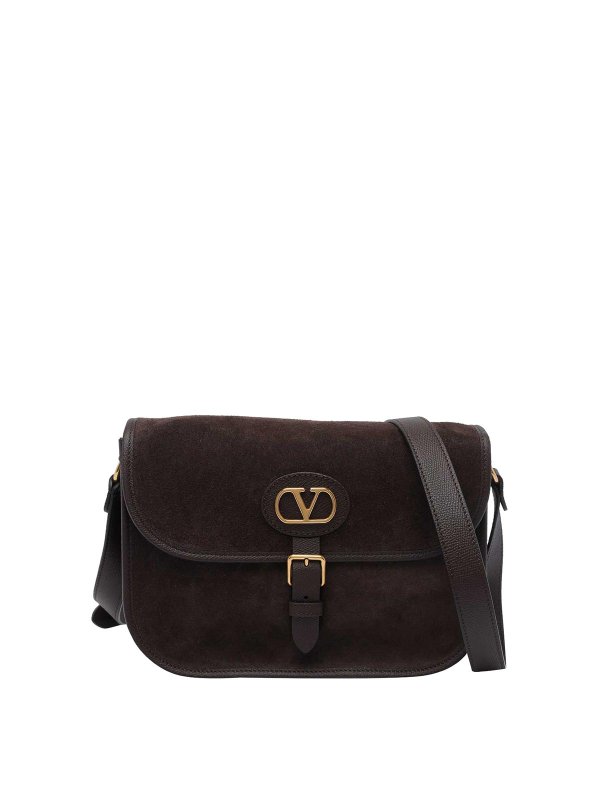 VALENTINO GARAVANI: cross body bags - Dark Brown Suede Antibes Crossbody Bag