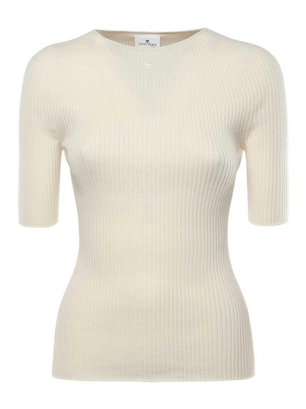 Courreges: Strickpullover mit Rundhalsausschnitt - Rundhalspullover - Weiß