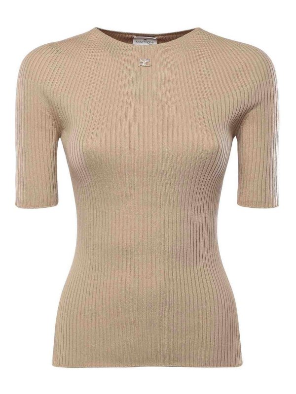 Courreges: Strickpullover mit Rundhalsausschnitt - Rundhalspullover - Beige