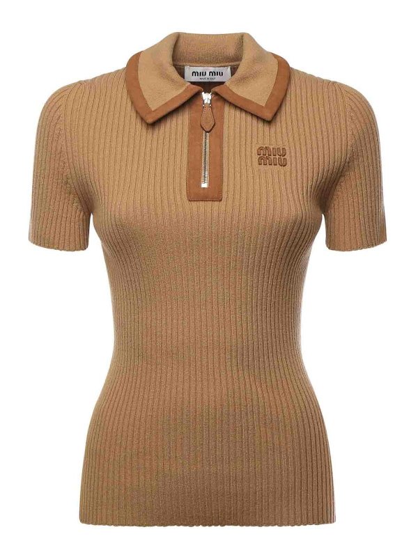 MIU MIU: polo shirts - Ribbed Cashmere Polo Shirt