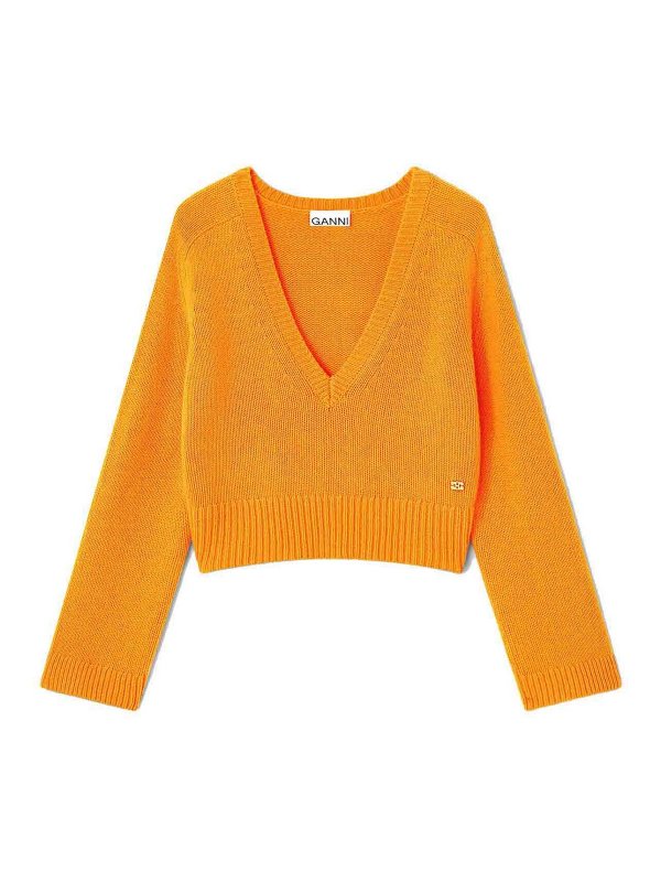 GANNI: Strickpullover mit V-Ausschnitt - V-Pullover - Orange