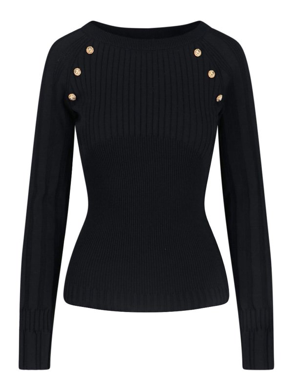 Balmain: Strickpullover mit Rundhalsausschnitt - Rundhalspullover - Schwarz